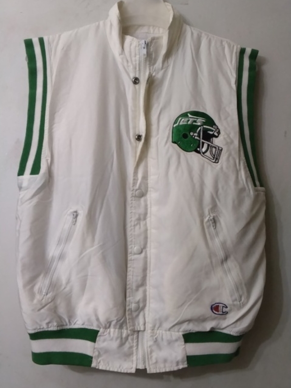 Vintage Authentic Champion White and Green New York Jets Puffer Vest - Men's M
